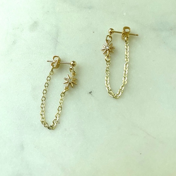 Handmade Cubic Zirconia Charm Drop Chain Earrings in Gold - Picture 1 of 2